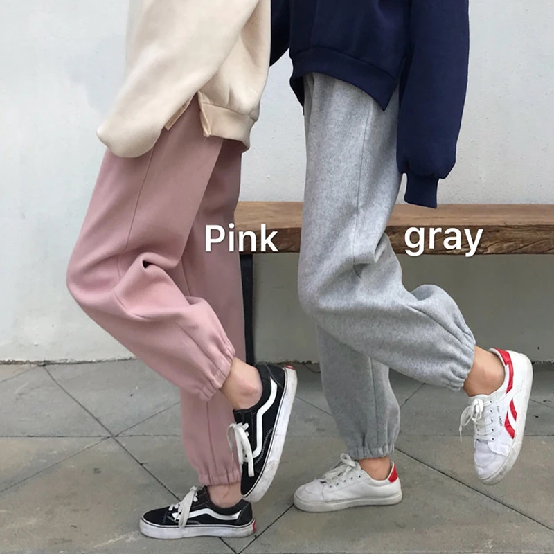 

Thicken Autumn Winter Woman Loose Sweat Pants Elastic High Waist Pink&Gray Casual Full Length Woolen Harem Women Pants