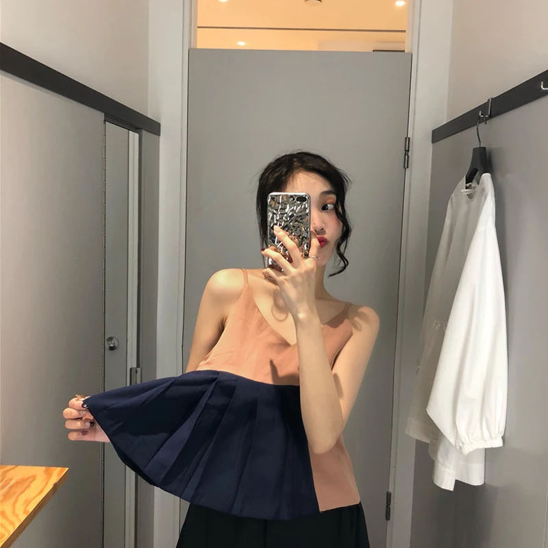 Neploe Hong Kong Estilo Tanques Mulheres VerAo Ретро v-образным вырезом Mangas Camis нерегулярные Ptchwork Partes - Цвет: Хаки