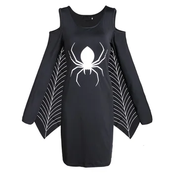 

Halloween Spider Print Long Sleeve Dress Women Sexy Off Shoulder Batwing Sleeve Dresses Casual Hollow Out Party Dress