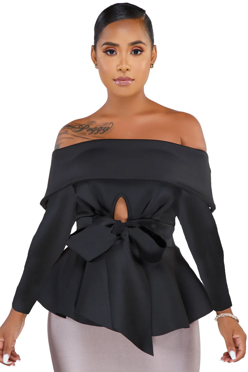 Off Shoulder Sexy Blouse Tops Hollow Out Front with Waist Belt Long Sleeves Peplum Bluas Party Wear Female Women Spring Fashion | Женская