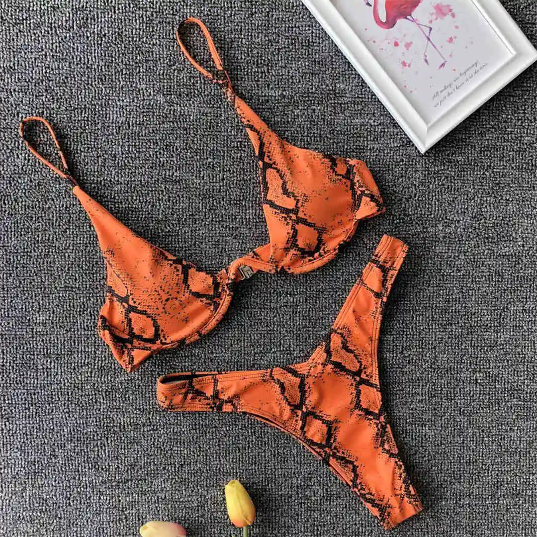 Orange Snake Printed Сексуальный V-bar бикини на косточках женский купальник Женская одежда для плавания комплект бикини из двух частей V образная проволока купальный костюм V439 - Цвет: Orange Snake Printed