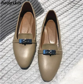 

2019 Metal Decor Buckle Round Toe Flats Women Shoes Slingbacks Slip on Flats Soft Leather Loafers Casual Shoes Woman
