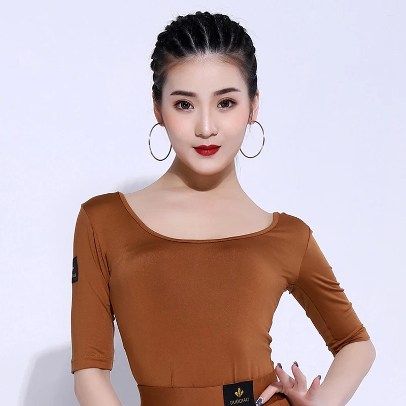 Latin Dance Tops Red/Black /Brown Shirts Adult Women Dancing Practice Clothes Stardand Ballroom Dance Tops Comfort Wear VDB275 - Цвет: Brown Top