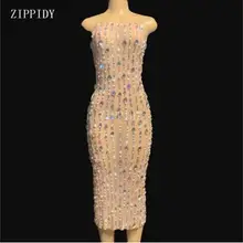 Новинка AB Камни жемчуг Прозрачное платье вечернее празднование длинное платье Прозрачная сетка стрейч наряд певица представление YOUDU