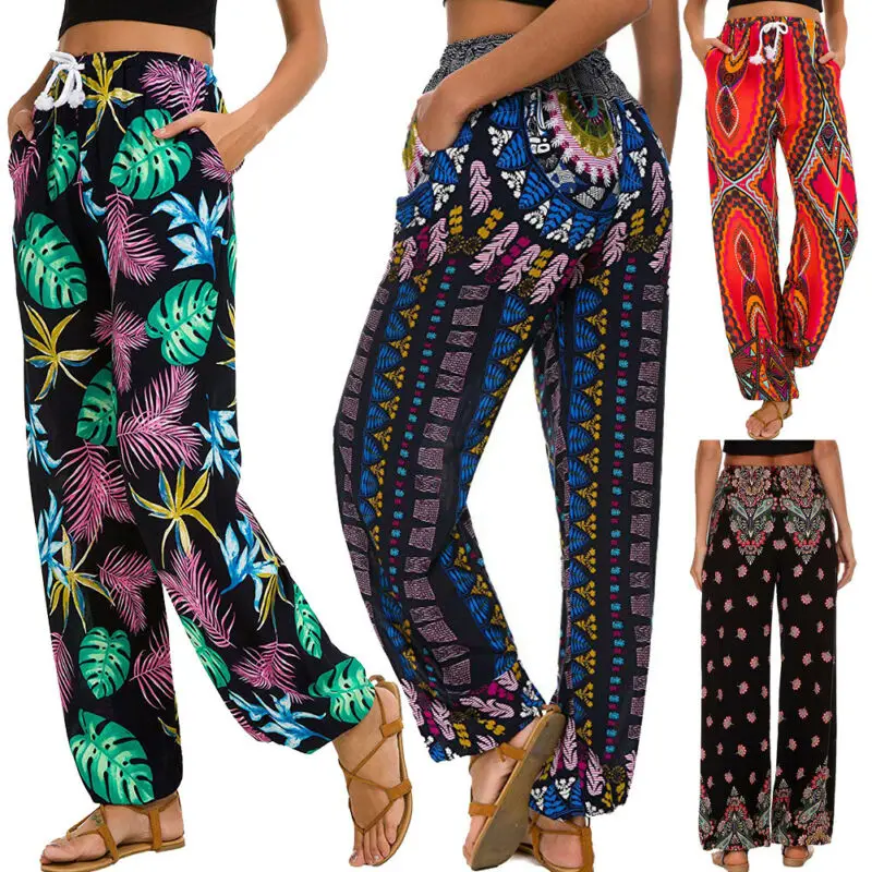 Goocheer, женские тайские шаровары, Boho Festival Hippy Smock, штаны с высокой талией, с принтом, эластичные, с высокой посадкой, свободные штаны antern