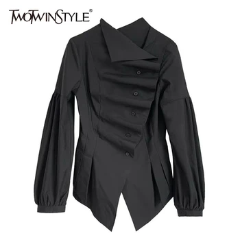

TWOTWINSTYLE Casual Blouse Female Stand Collar Lantern Long Sleeve Tunic Irregular Hem Shirt Women Fashion Clothing 2020 Spring