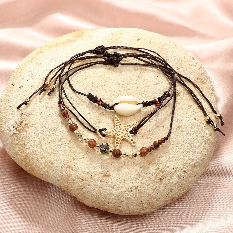 New Jewelry Bohemian Alloy Rice Beads Shell Hand-woven Multilayer Ankle Anklet Beaded Foot Jewelry Summer Beach Anklets On Foot