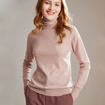 

Spring and Autumn Women's New Pure Color Casual High Neck Long Sleeve Knit T-shirt