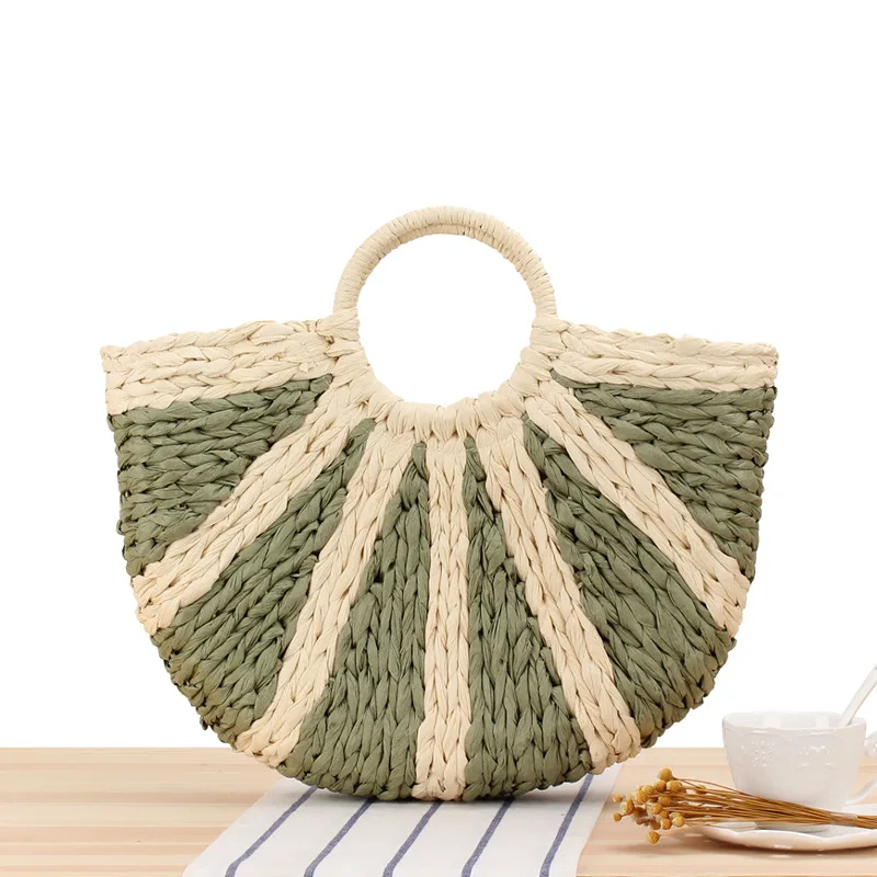 Casual Rattan Half Moon Handbags Women Wicker Woven Striped Hand Bag Summer Beach Straw Bag Large Capacity Tote Big Basket Purse