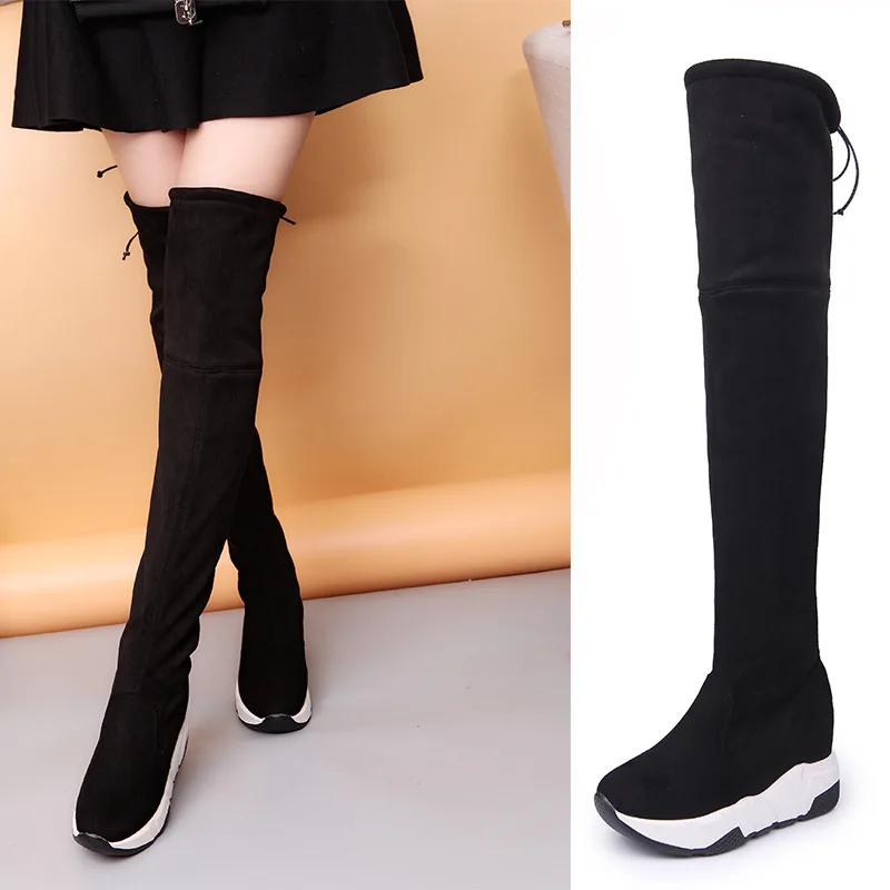 

Super High Flat With Casual Fashion Long Boots for Women Flock Round Toe Platform Solid Autumn Winter Boots Over-the-Knee Shoes