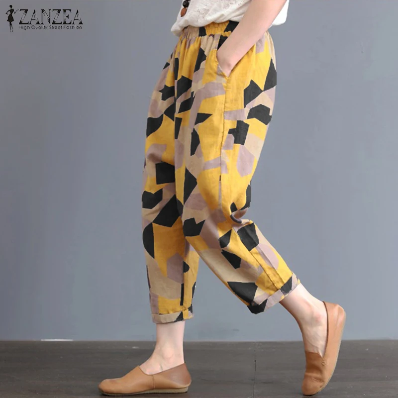 Женские шаровары ZANZEA Kaftan с геометрическим принтом, весенние хлопковые длинные штаны с эластичной резинкой на талии для женщин, Палаццо Репка