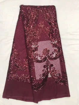 

High Quality Nigerian Lace Fabrics 2018 Sequins African French Net Lace Fabric Embroidered Tulle Mesh Lace In Wine JL28591