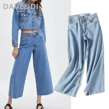 

Dave&Di 2020 summer ankle length jeans woman england high street vintage high waist jeans washed loose wide leg jeans for women