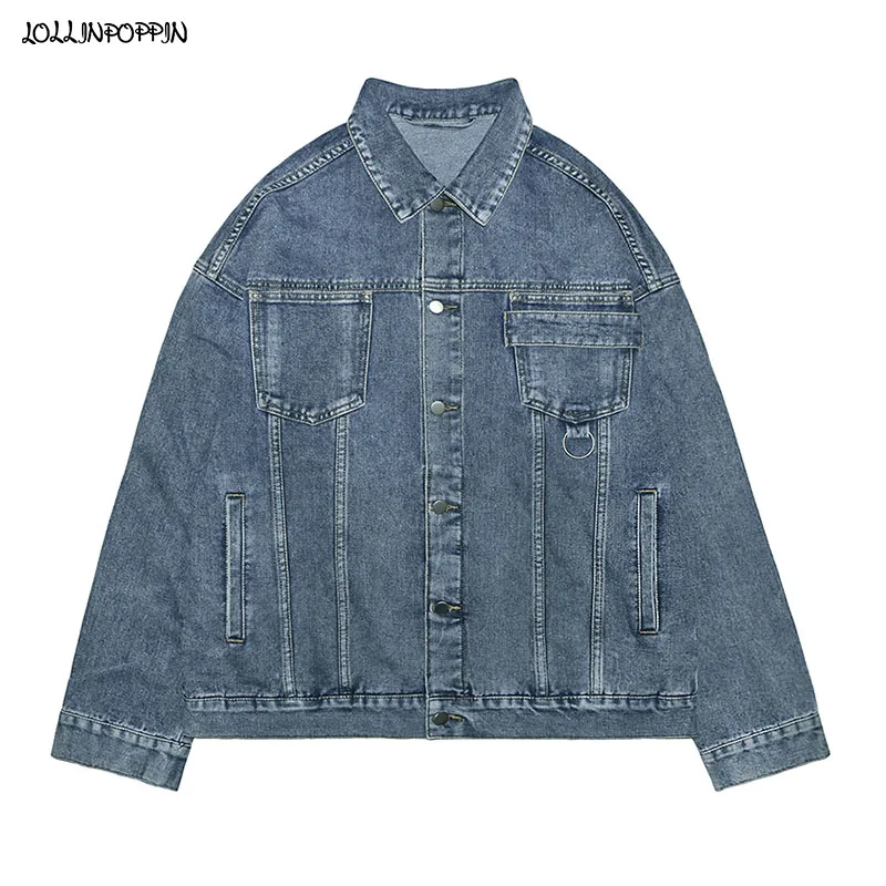 

Men Retro Oversize Denim Coat Turn Down Collar Japan Style Loose Jean Jackets Garment Washed Vintage Blue / Black