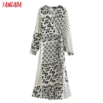 

Tangada fashion women print chiffon dress with slash v neck ladies work long dress vestido XN430