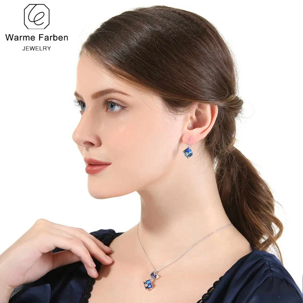 Женские серьги подвески с кристаллом Swarovski из серебра 925 пробы квадратным кубом