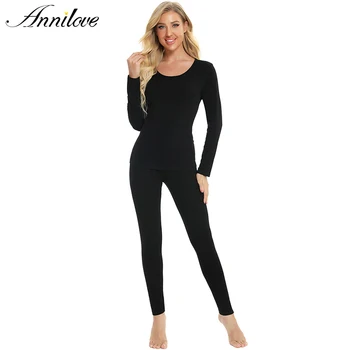 

Annilove Pajamas for Women Body Thermal Sleepwear Pure color Long Sleeves Set Pajama Autumn Winter Female Nightwear