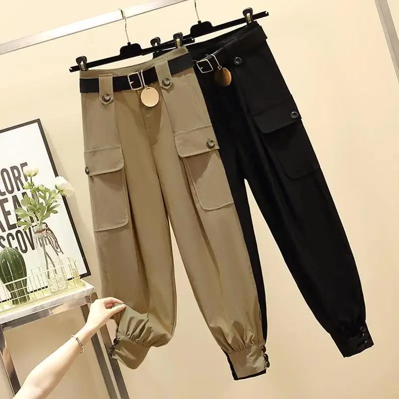

High Waist Casual Loose Cargo Pants Female Ankle Banded Pants 2020 Women Sports Pants Fashion Pocket Drawstring Trousers