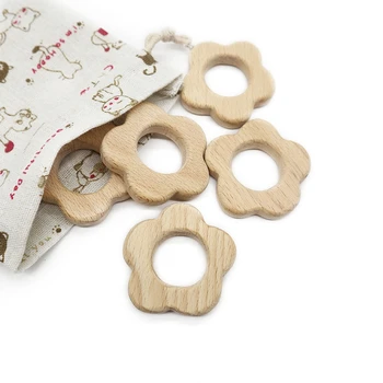 

2PC Lovely Cartoon Wooden Teether Pure Natural Flower Shaped Baby Teething Ring Nursing Beech Teether Baby DIY Pendant Toy