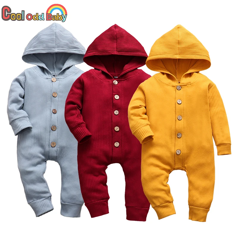 Autumn Newborn Clothes Cotton Baby Boy Girl Romper Long Sleeve Knitted Ribbed Hooded Jumpsuit Spring Solid Infant Clothing 0-18M 1