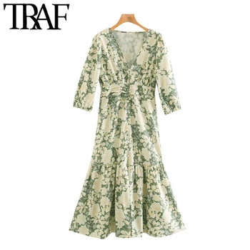 

TRAF Women Chic Fashion Floral Print Ruffled Midi Dress Vintage Three Quarter Sleeves Elastic Waist Female Dresses