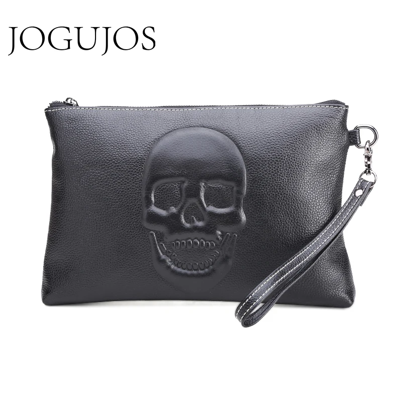 

JOGUJOS Cowhide Genuine Leather Men Document Bag A4 Ipad Bag Luxury Envelope Clutch Bag Skeleton Skull Men's Ipad Cases Solid