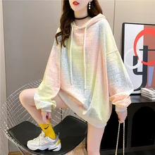 

QWEEK Korean Fashion Rainbow Hoodies Women Kpop Harajuku Streetwear Letter Print Hooded Sweatshirt Long Sleeve Top Clothes 2022