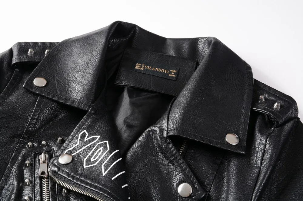 2020 New Women Autumn Winter Faux Soft Leather Jackets Coats Lady Black PU Rivet Zipper Epaulet 3D print Motorcycle Streetwear