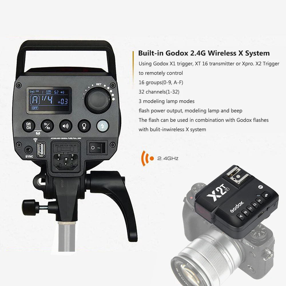 Godox MS300 студийная вспышка стробоскоп 300 Вт Godox 2,4G Беспроводная X СИСТЕМА GN58 5600K+ X2T-F ttl вспышка триггер для Fuji DSLR камеры