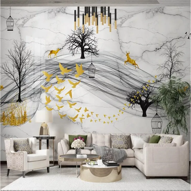 Large 3D Wallpaper Mural Custom Nordic Forest Elk Abstract Smoke Flying Bird TV Sofa Background Wallpaper Mural