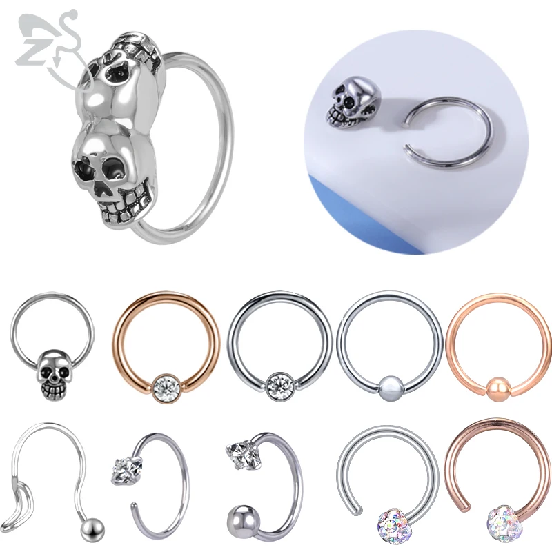 

ZS 1PC Skeleton Crystal Nose Ring With CZ for Women Stainless Steel Round Septum Clicker Ear Tragus Cartilage Daith Piercing 8MM