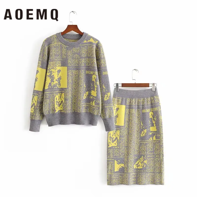 AOEMQ, модные женские комплекты, винтажные, классические, Нью-Йорк, новости, пуловер, свитера и юбки, наборы, Англия, современная, офисная, женская одежда