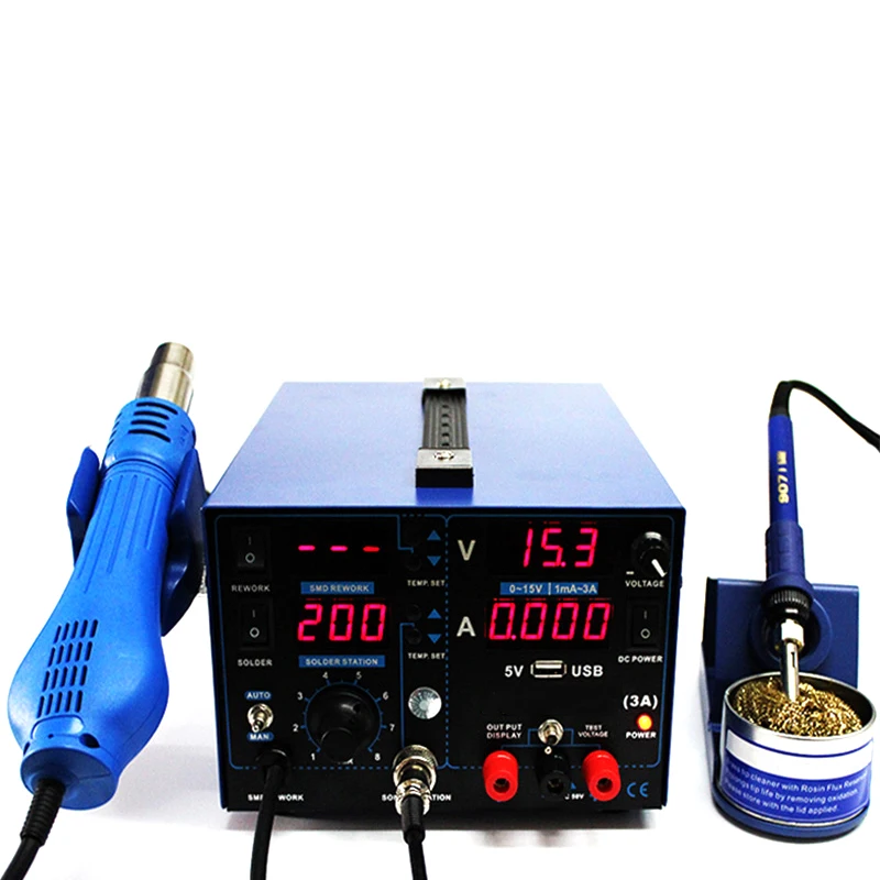 

852D1A 2A 3A Standard Rework Station Soldering iron 220V 3 in 1 Iron Hot Air Rework Soldering Station
