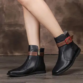 

Female Genuine Cow Buckle Leather Woman Handmade Flat With Shoes Ankle Black Lace-up Boots Low Heels Riding Normal Size 2019