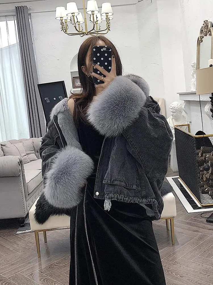 ZITY 2020 Denim Parka Women Winter Jacket Real Fox