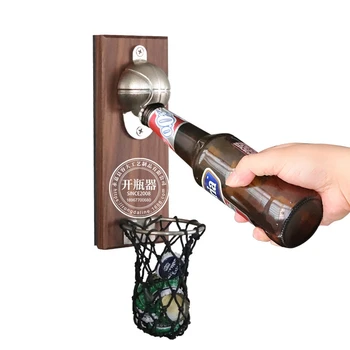 

Bottle Opener Basket Wall Mounted Self-adhesive Mesh Bag Storage Zinc Alloy Black Walnut Creativity Shooting Corkscrew