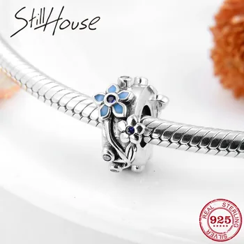

2019 Real 925 Sterling Silver Blue Flowers CZ Stopper Spacer Beads For Jewelry making Fit Original diy European Bracelet