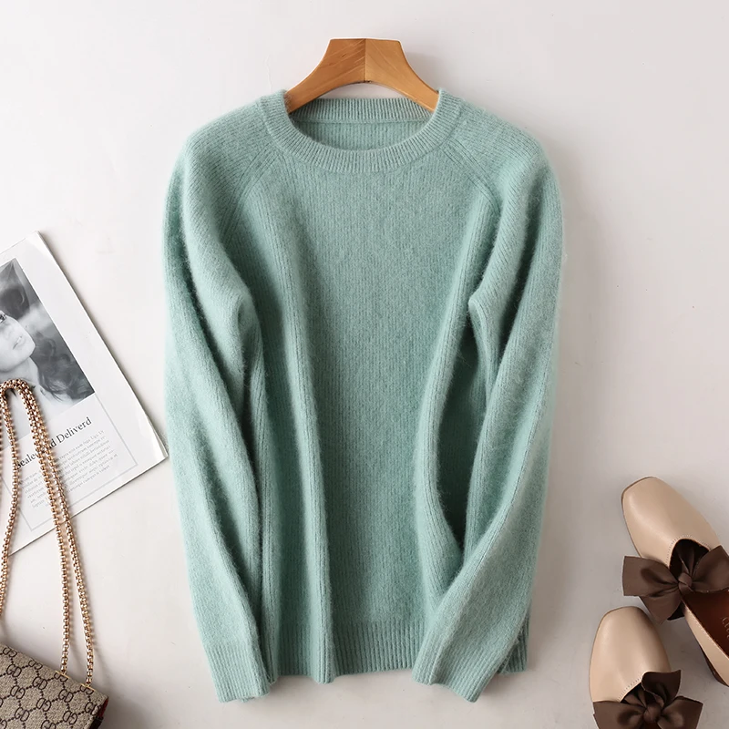 

Women's Mink Cashmere Sweaters O-neck round collar full sleeves short casual thick sweater solid soft warm winter pullover