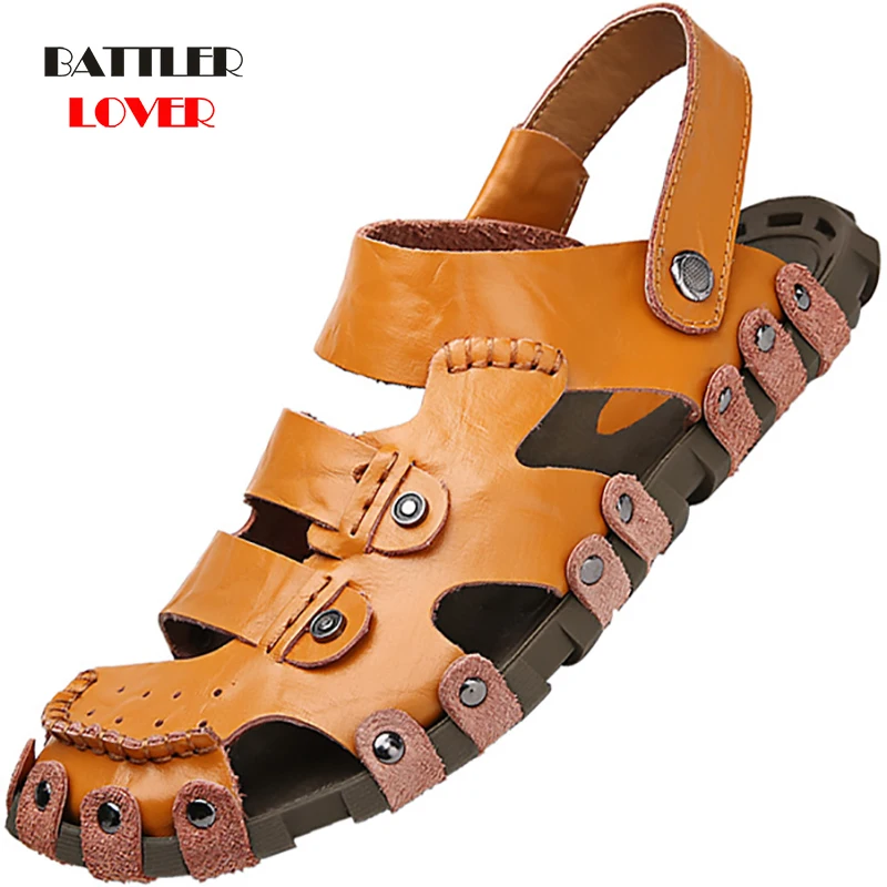 Man Sandals Roman Shoes Rubber Hollow Lightweight Breathable Casual Beach 2020 Summer Handmade Genuine Leather for Male