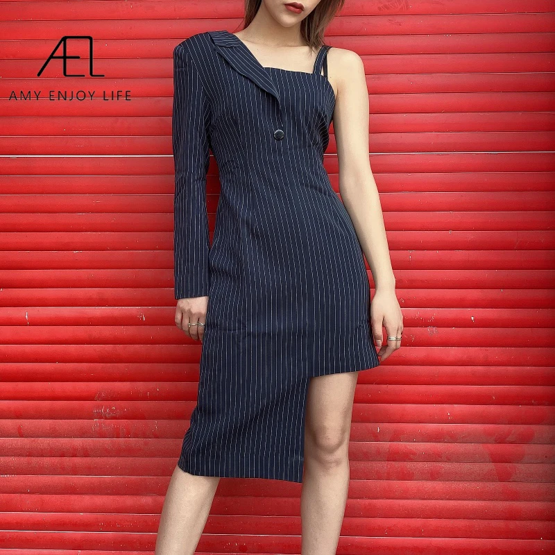 

AEL Navy Blue One Shoulder Women Bandage Dress New Arrival 2020 Summer Celebrity lady office Dress Vestido Sexy Backless Dress