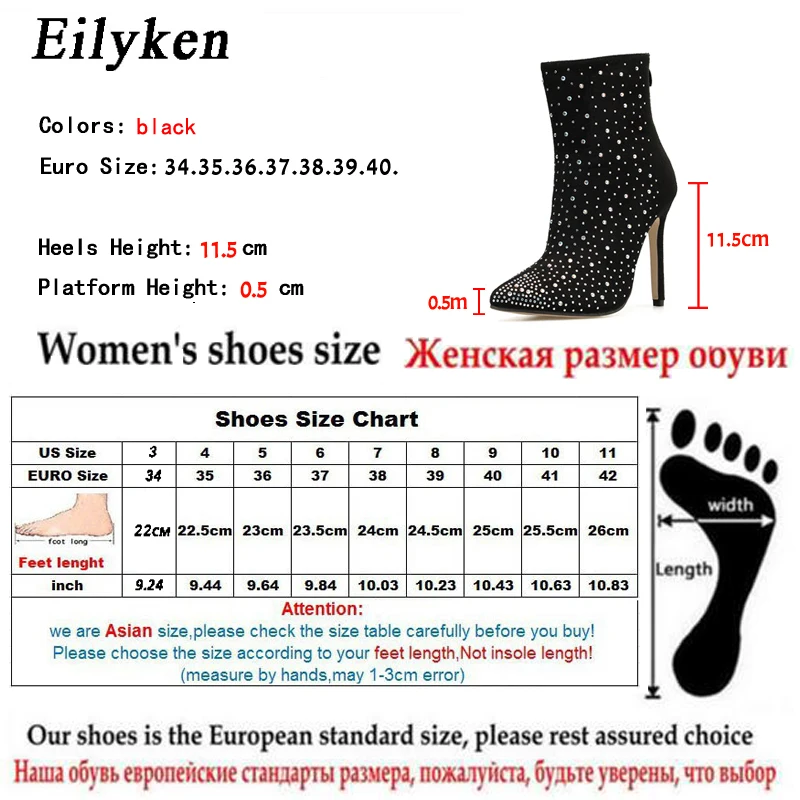 Eilyken/ г., модные, украшенные кристаллами ботильоны женская обувь на высоком каблуке, пикантная, с острым носком, черная обувь для вечеринок женские ботинки на тонком каблуке на молнии