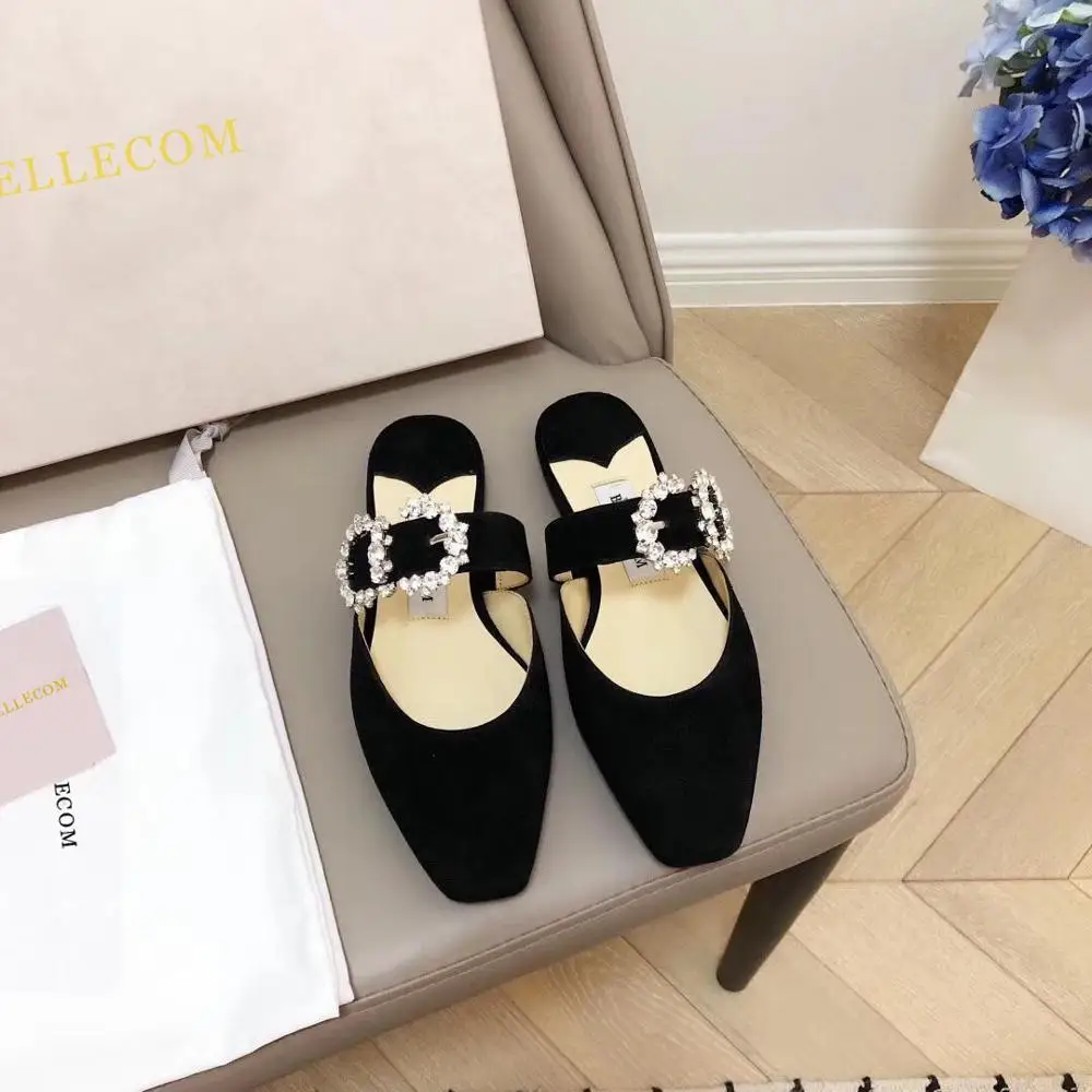 

BELLECOM Leather women 2019 trend ballet flat water drill square flat versatile casual slippers for women outside