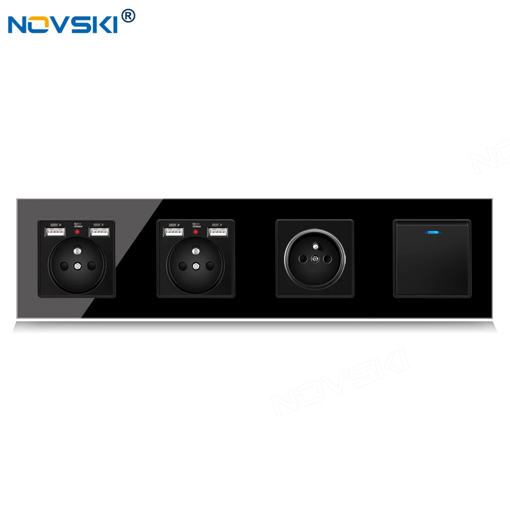 

344 EU Standard DIY Switch Socket Quadruple Frame, French Outlet 4 Frame, 2.1A Dual USB Charging Port, German Bayer Base, Black