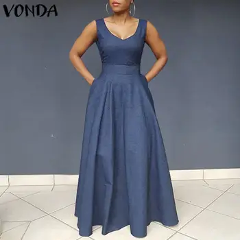 

VONDA Demin Maternity Dress Women Casual O Neck Sexy Sleeveless Bohemian Tank Dresses Beach Sundress Femme Pregnancy Robe