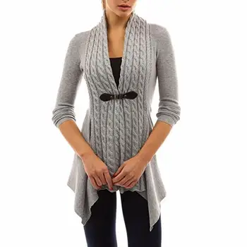 

Hot Autumn Winter Lady Solid Color Long Sleeve Buckle Braid Front Irregular Cardigan Nylon/ Polyester/ Spandex V-Neck Plus Size