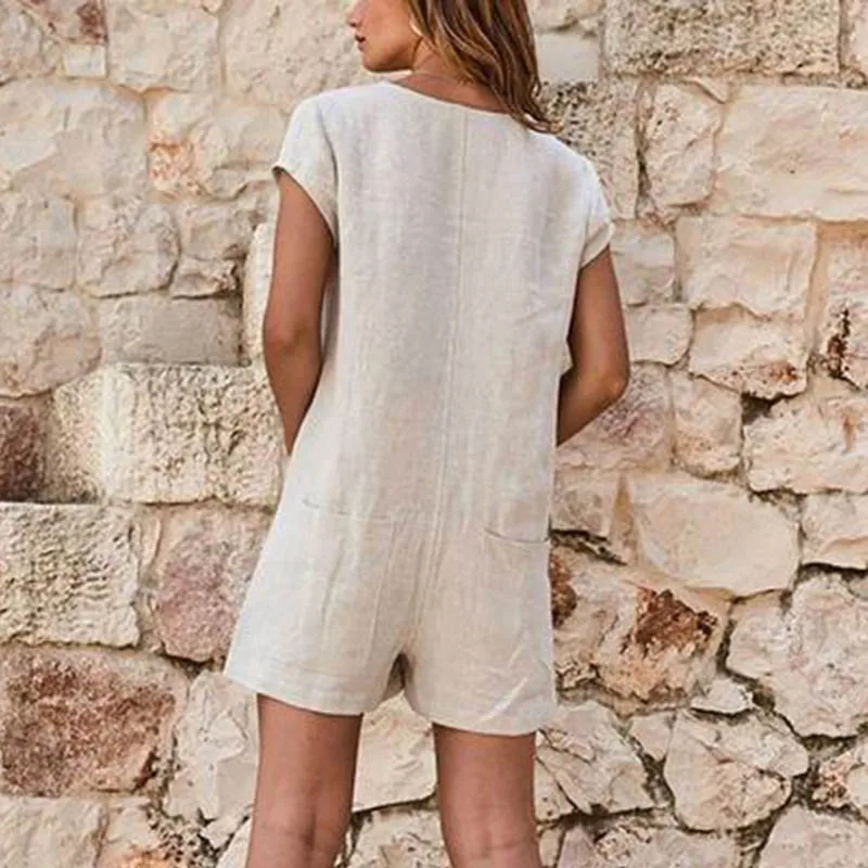 ELSVIOS 5XL Женский Повседневный комбинезон на пуговицах с карманами, элегантный однотонный винтажное боди-трико с коротким рукавом для девушек, новинка, летний пляжный костюм