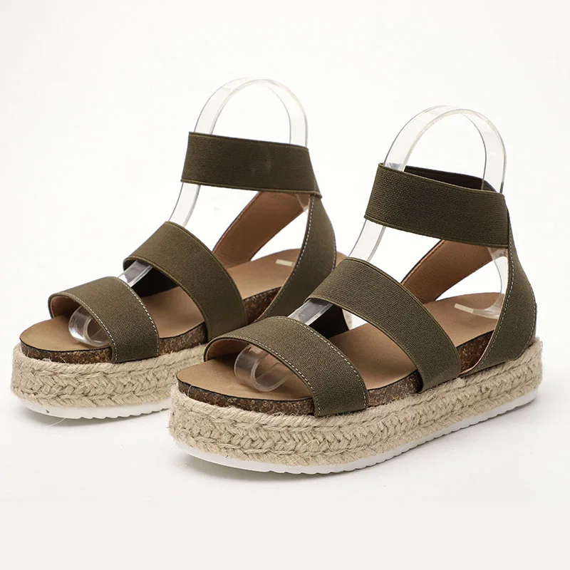 

Women Sandals Plus Size Wedges Shoes Soft Bottom Solid Round Head Canvas Shoes Bandage Light Thick Bottom Stripe Casual Shoes