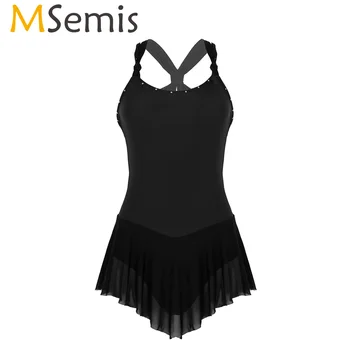 

MSemis Women Ballet Tight Dress Adult Criss-cross Backlass Rhinestones Figure Ice Skating Roller Skating Dance Leotard Costume