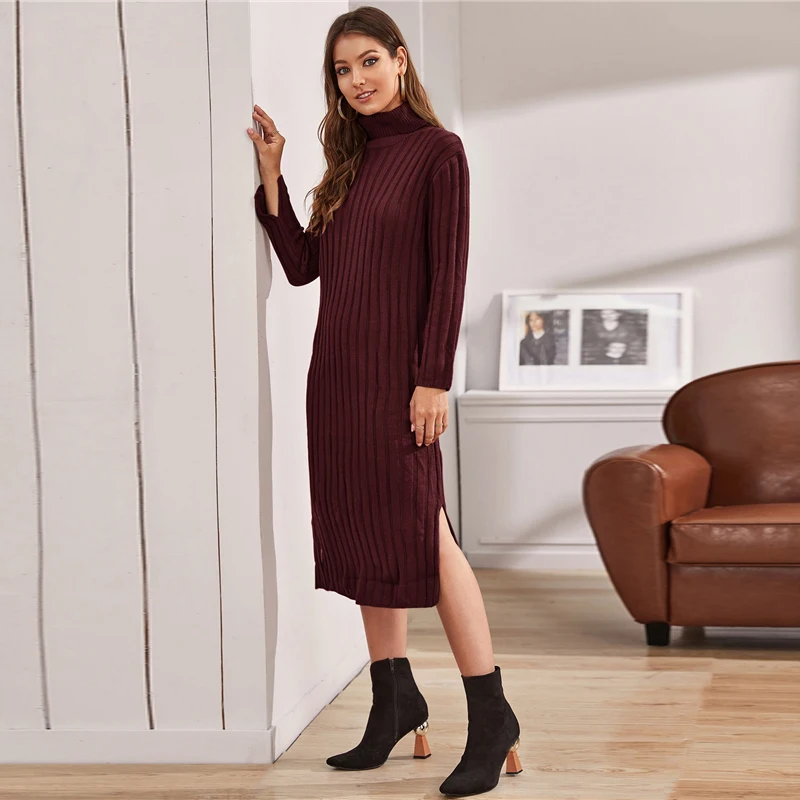 SHEIN Женское зимнее платье-свитер без пояса с длинным рукавом, с воротником-воронкой, с разрезом, миди, повседневные платья