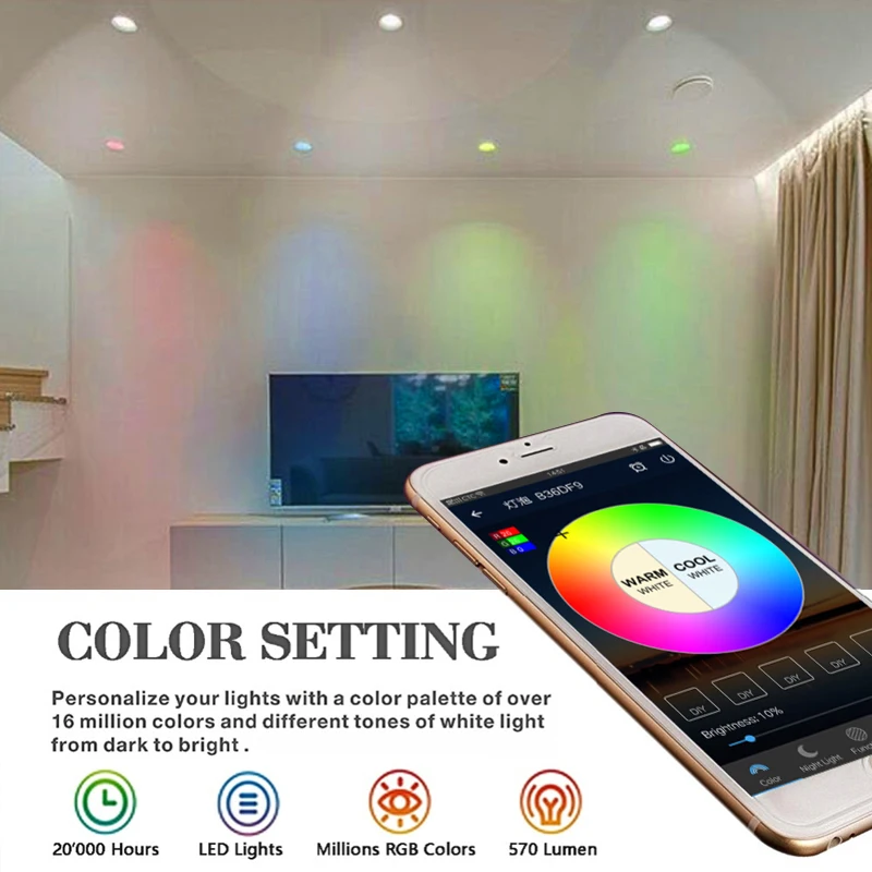 4.5W smart led downlights BT mesh downlights RGB multicolor led lamp Bluetooth dimmable 2700-6500K timer lights hole size 80mm